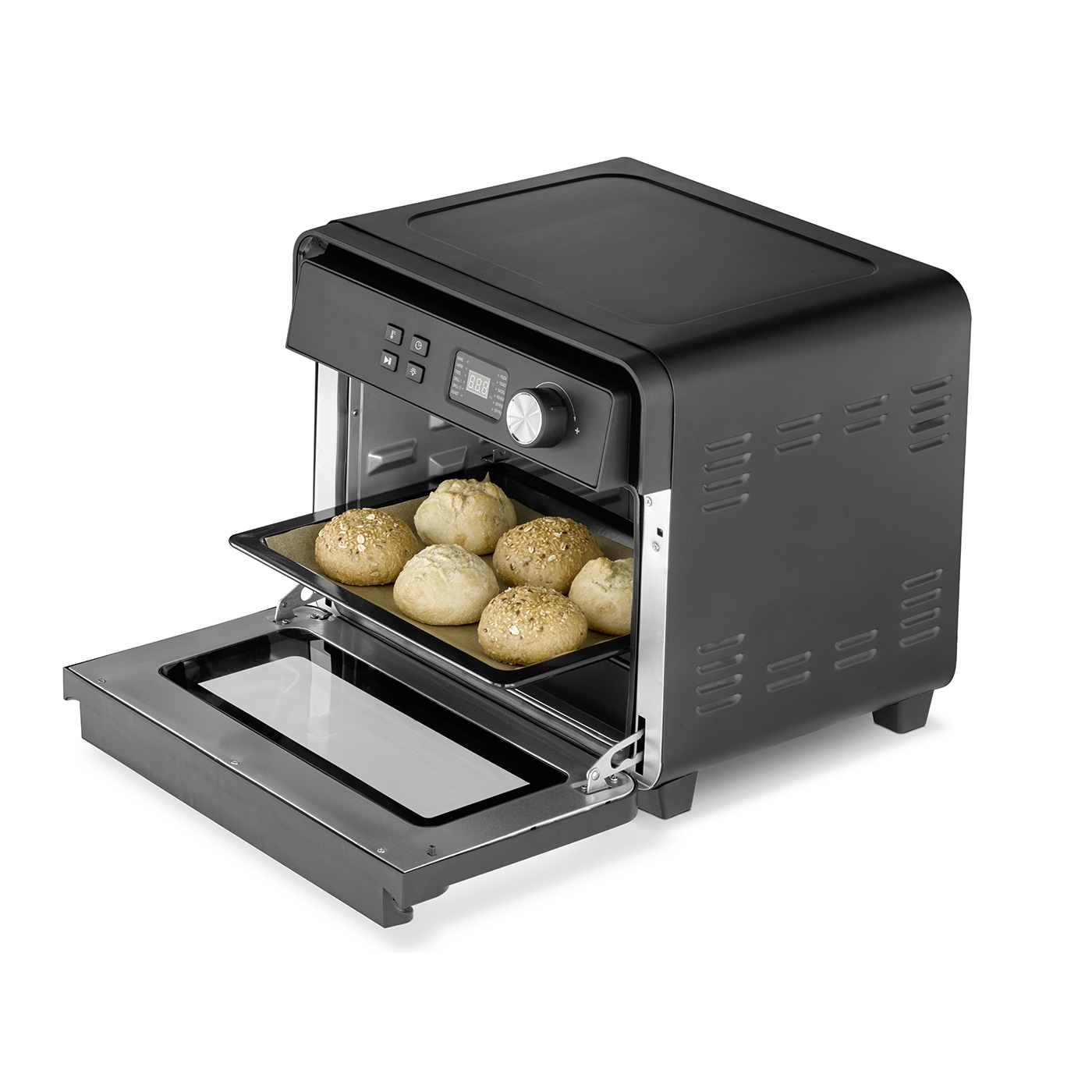 Schwarzer Ofen mit Brötchen auf einem Backblech, offene Tür