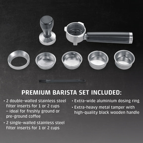 Espresso machine accessory set with tamper, baskets and portafilter on dark background