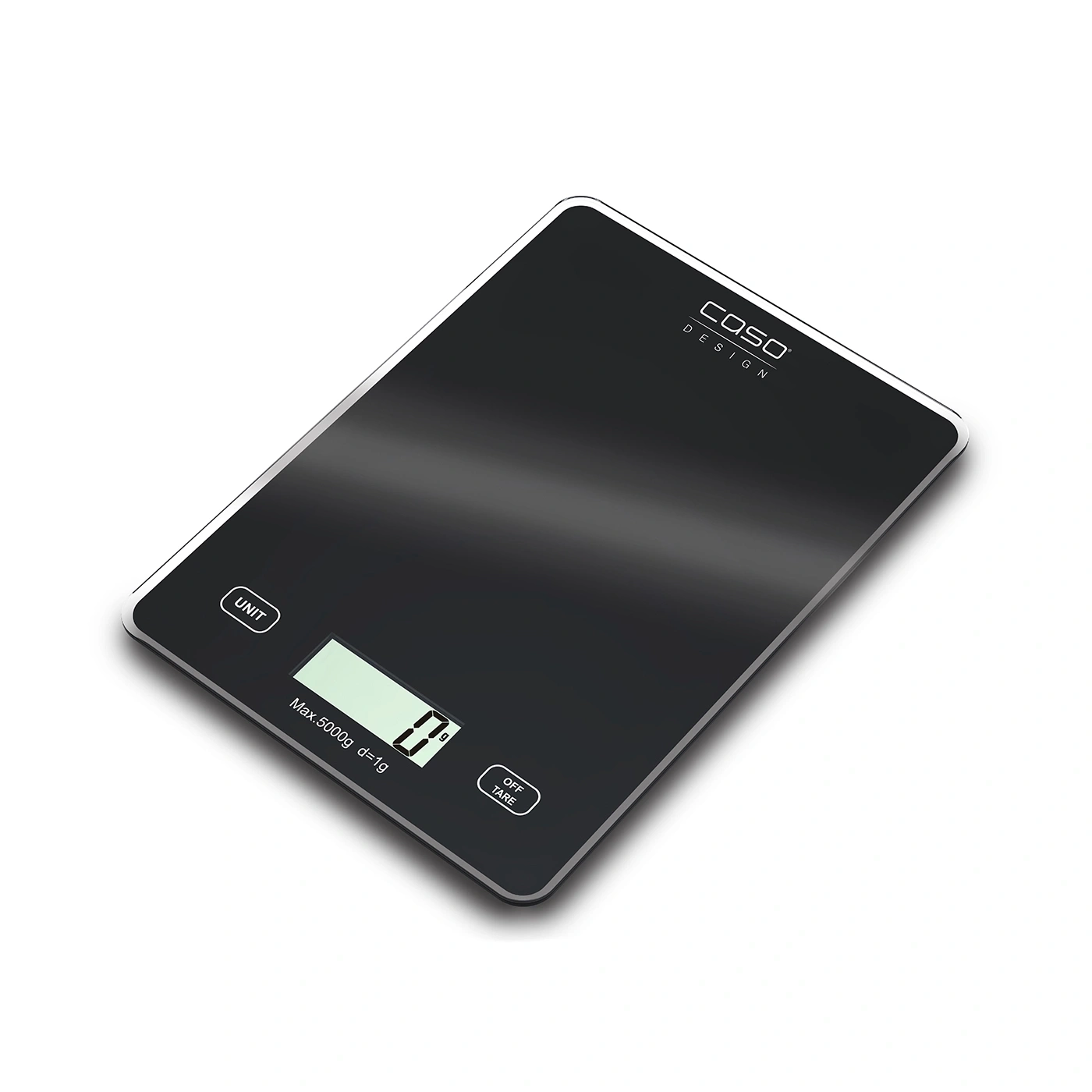 Black digital kitchen scale displaying 0 g, with 'CASO DESIGN' branding and buttons