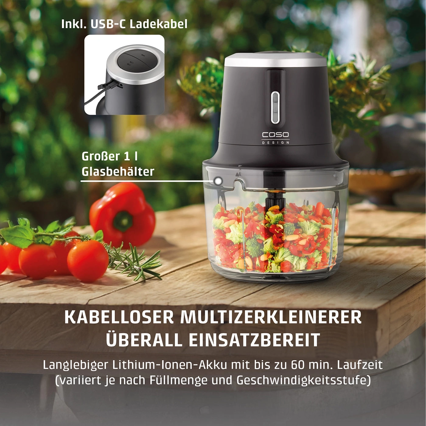Kabelloser Multizerkleinerer mit 1L Glasbehälter und USB-C Ladekabel