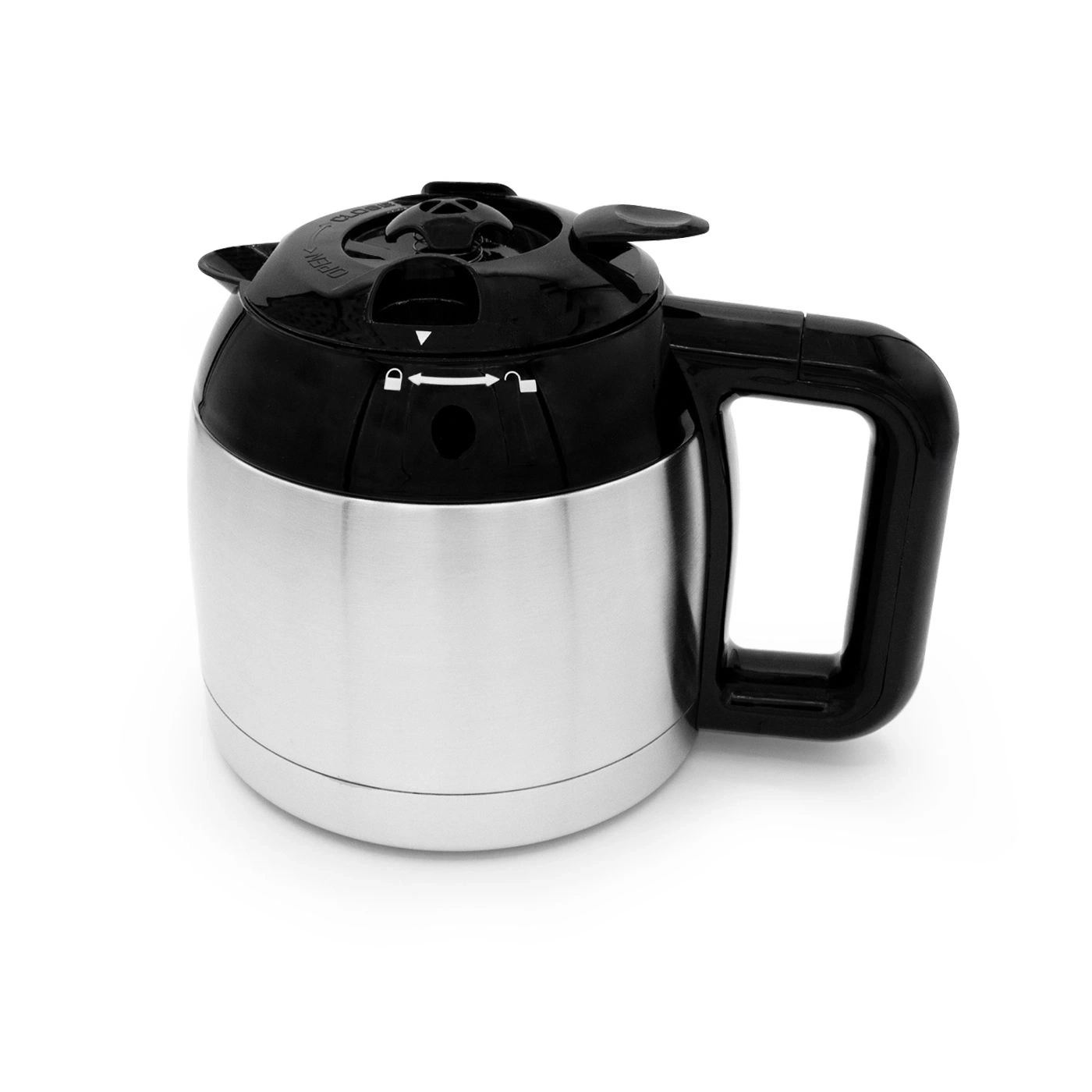 Coffee pot with black handle and lid, silver body, isolated on white background