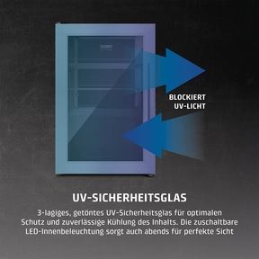 Refrigerator with UV safety glass, blocks UV light, 3-layer, tinted, LED interior lighting.