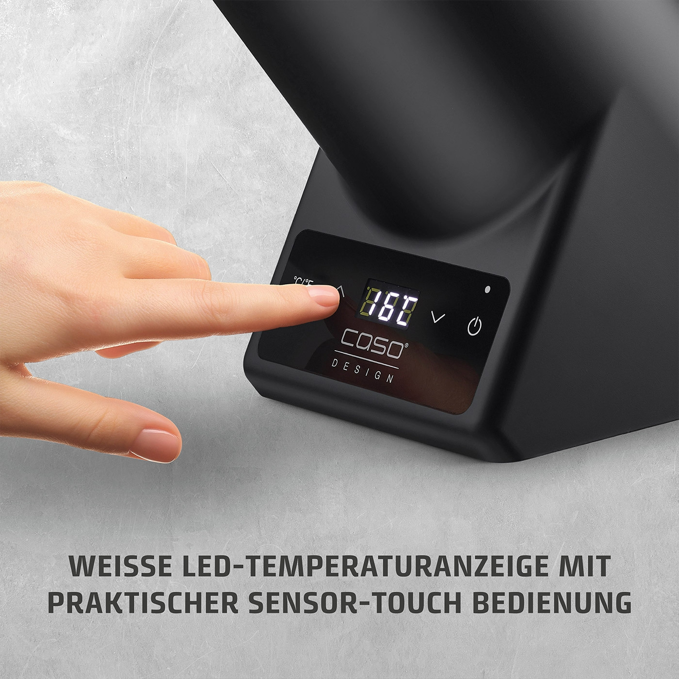 Weisse LED-Temperaturanzeige mit Sensor-Touch-Bedienung. COSO Design.