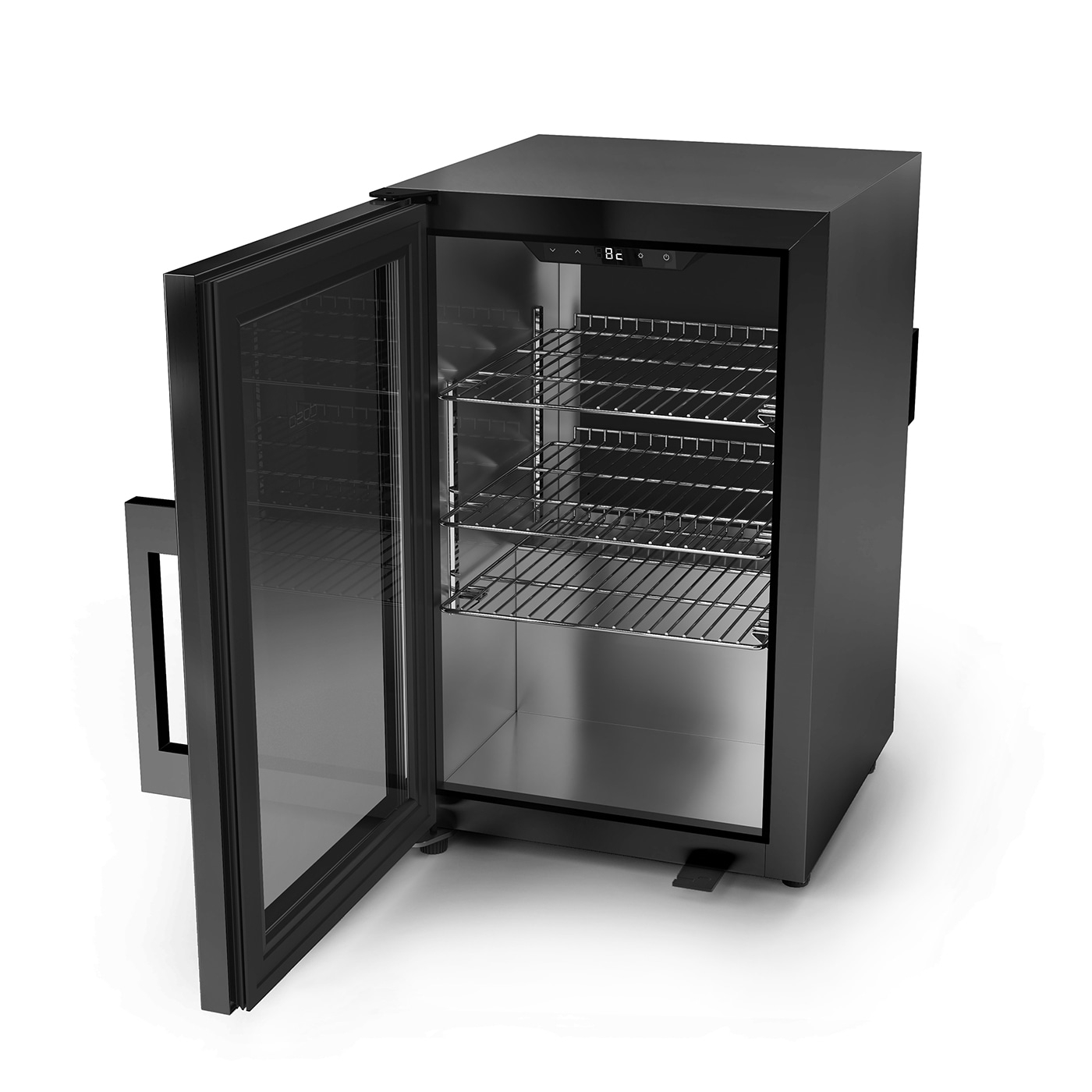 Black refrigerator with open glass door and temperature display