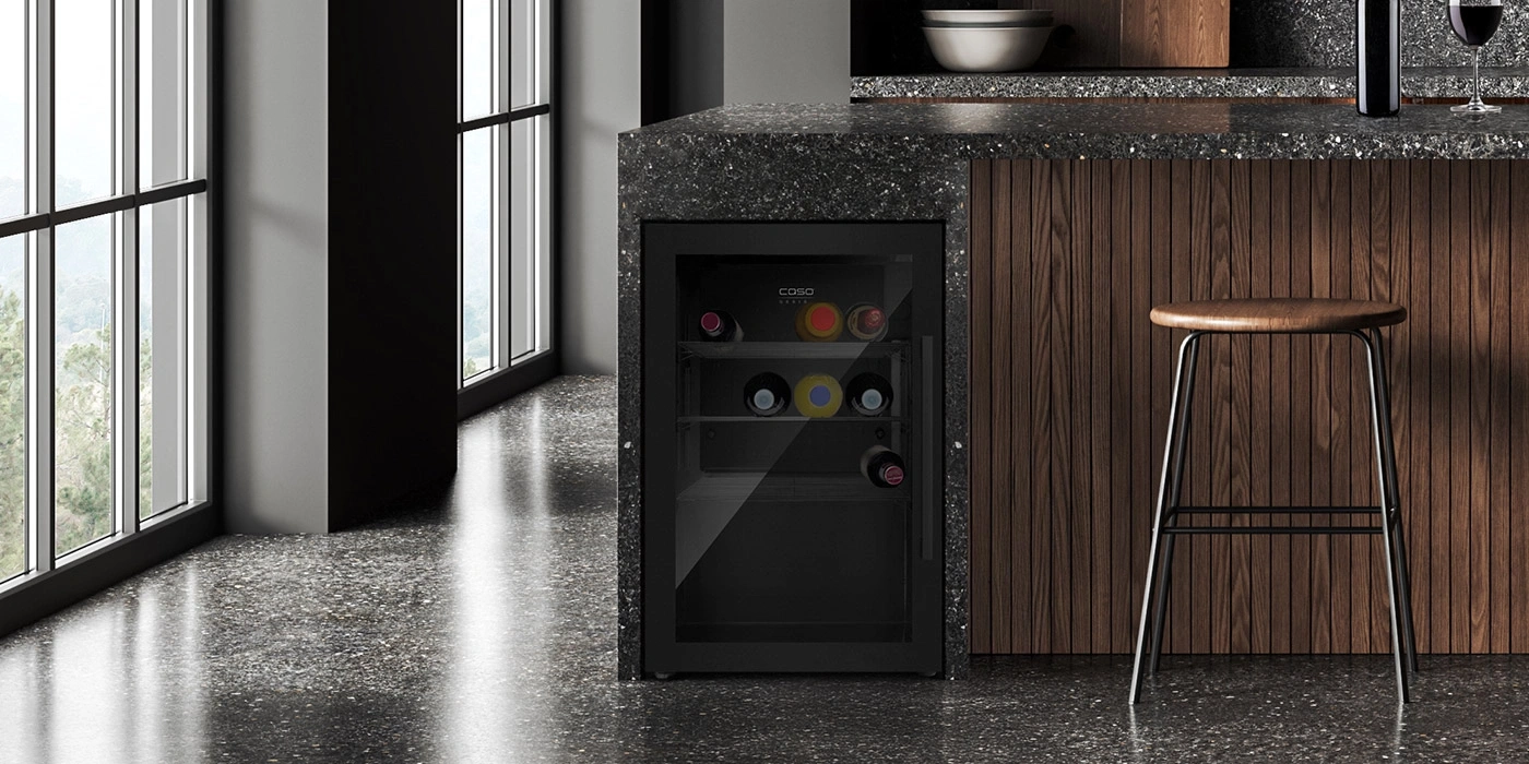 Wine cooler in modern kitchen with bar stool and window