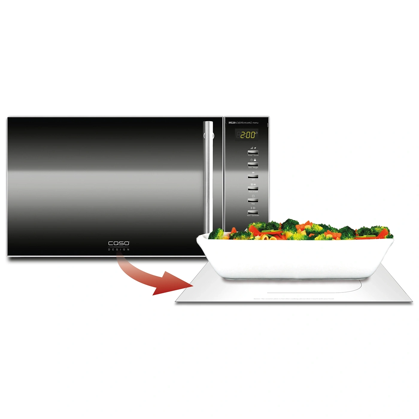 Microwave with vegetable dish on a plate. Cooking in the microwave oven.
