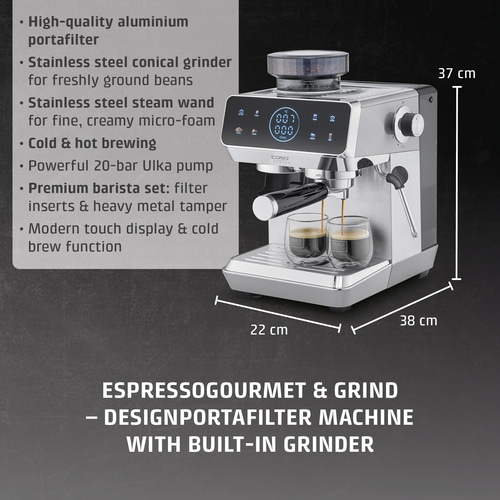 Espresso machine with portafilter, grinder and touch display