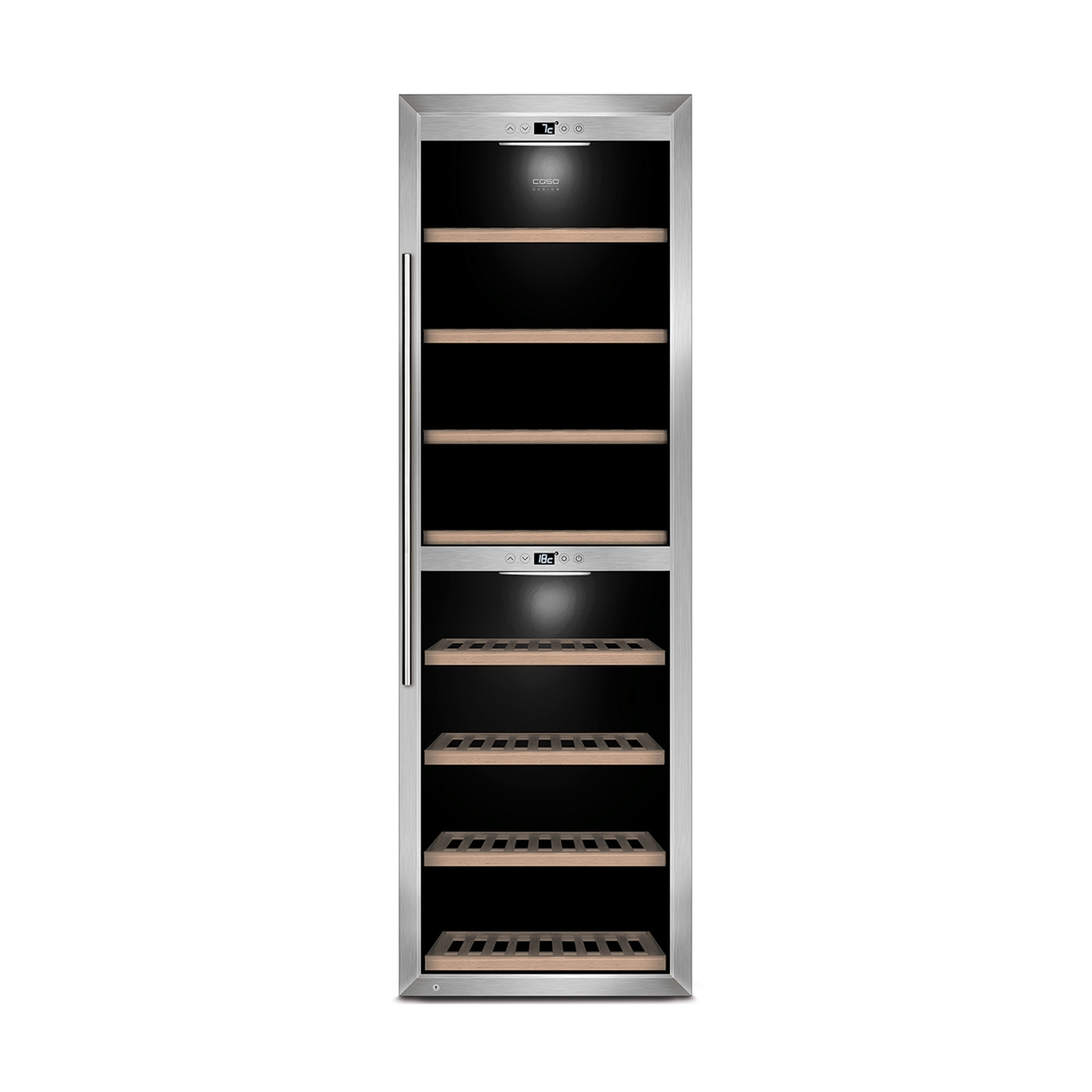 Weinkühlschrank mit Edelstahlrahmen und Glastür, Caso Design.