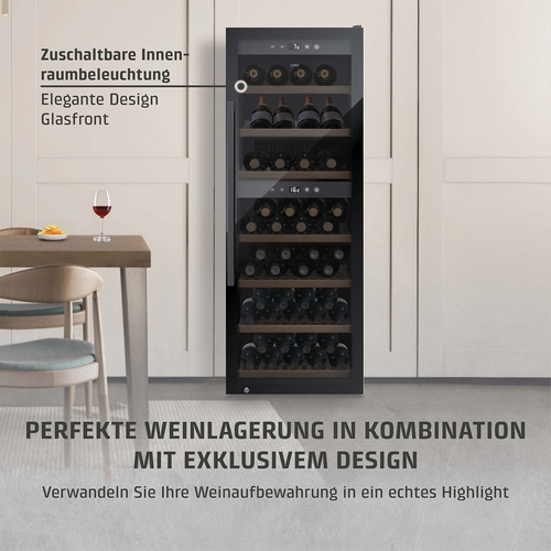 Weinkühlschrank mit Glasfront, Innenbeleuchtung und elegantem Design für perfekte Weinlagerung.