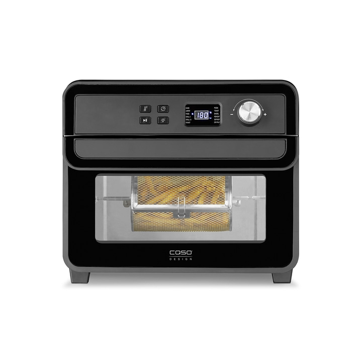 Schwarzer Airfryer mit Bedienfeld, Essen im Inneren, COSO Design, Temperaturanzeige.