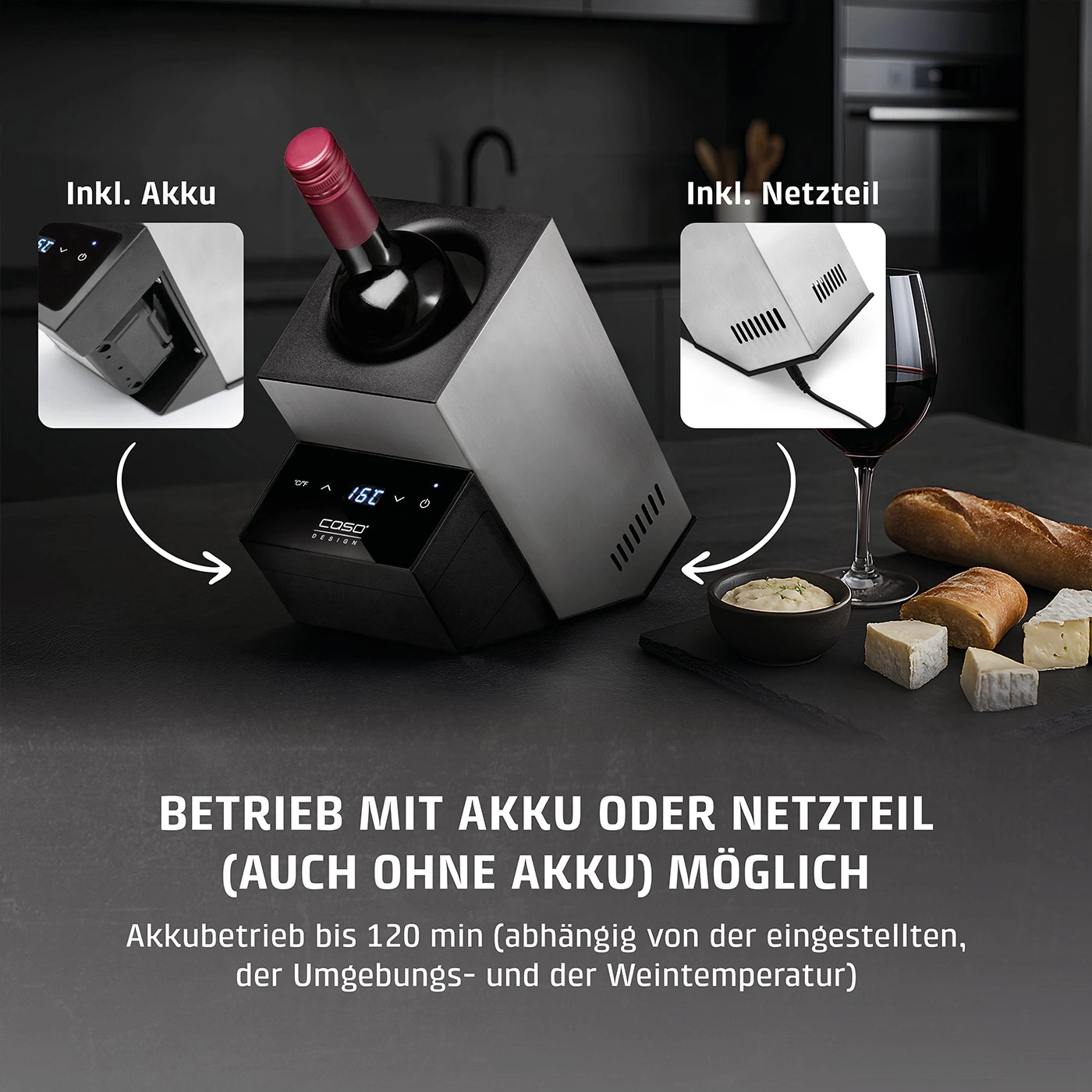 Weinkühler mit Akku und Netzteil, Brot, Käse und Wein