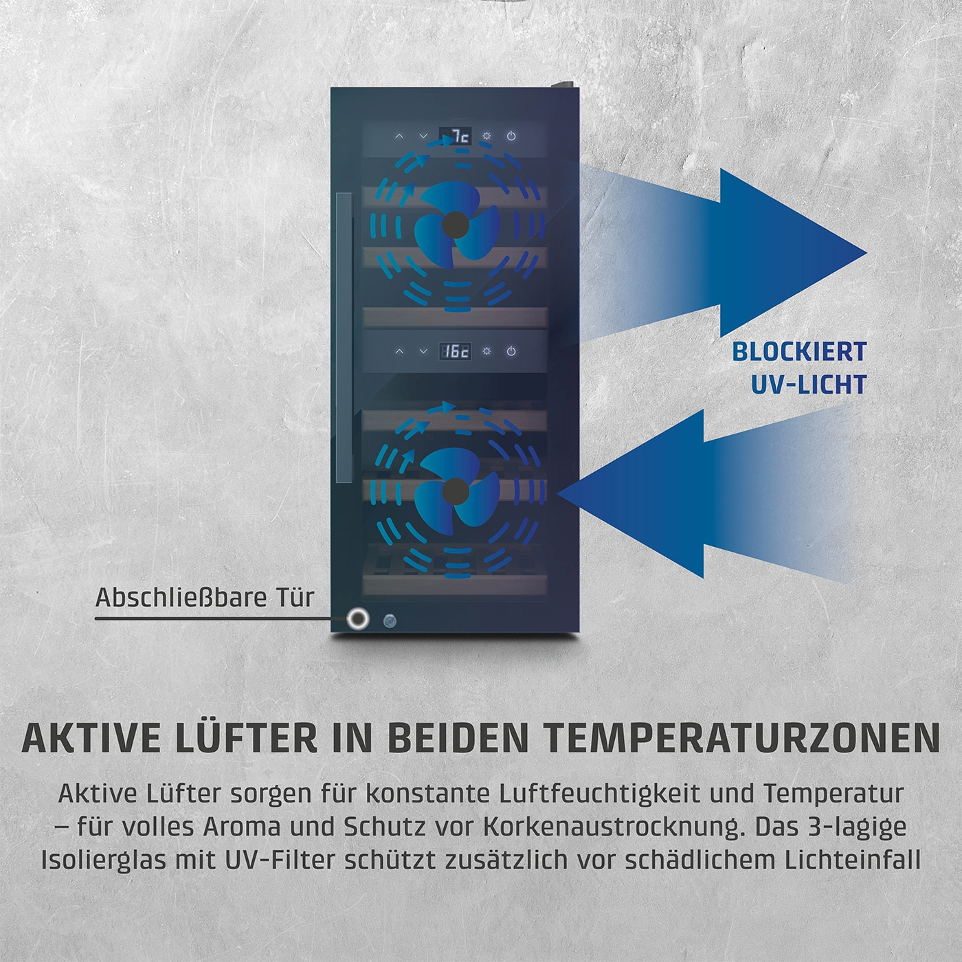 Weinkühlschrank mit aktiven Lüftern, UV-Schutz und abschließbarer Tür.