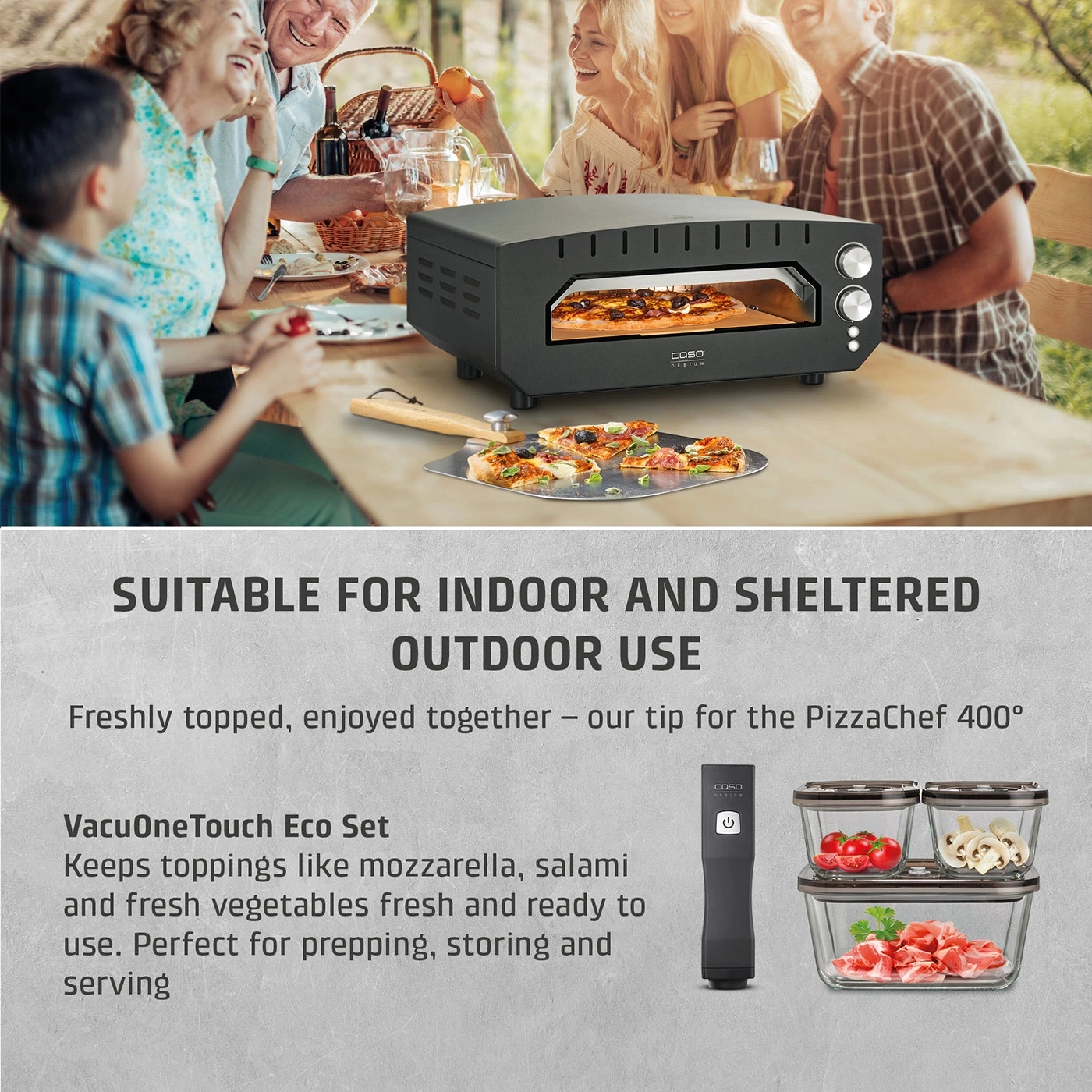 Family enjoys pizza from an outdoor pizza oven, next to it a vacuum sealer and storage containers.