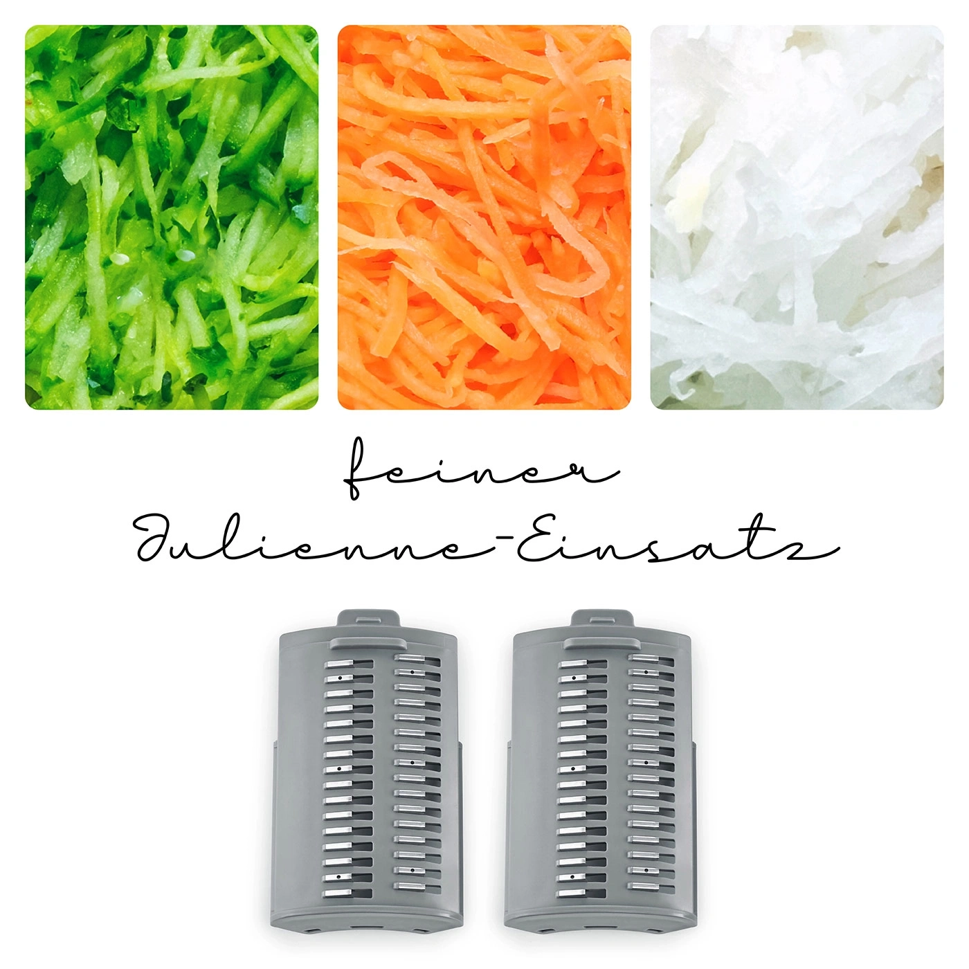 Gemüse, Julienne-Einsatz, feiner Schnitt, Karotten, Zucchini, Radieschen, Küchenutensil