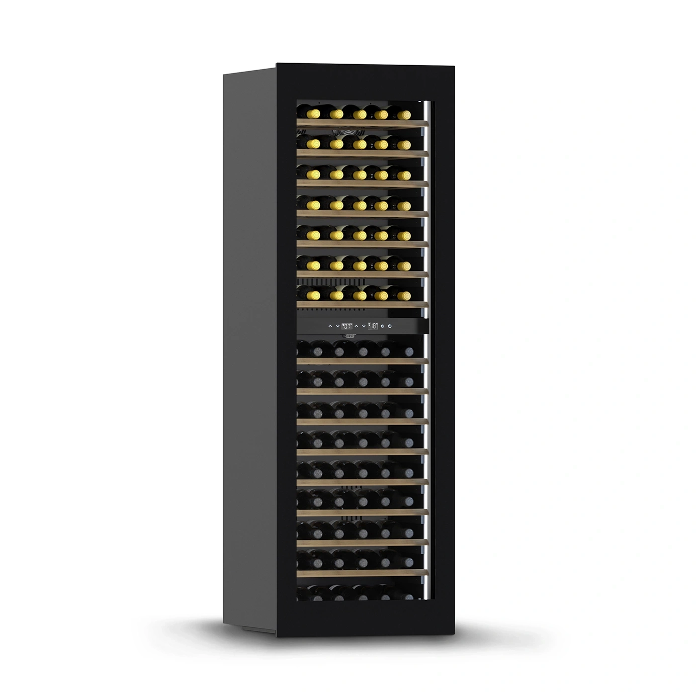 Black wine cooler with many bottles on wooden shelves