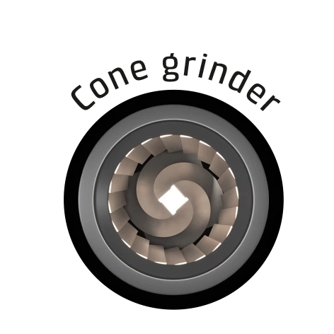Cone coffee grinder, top view, spiral blades, black background, text