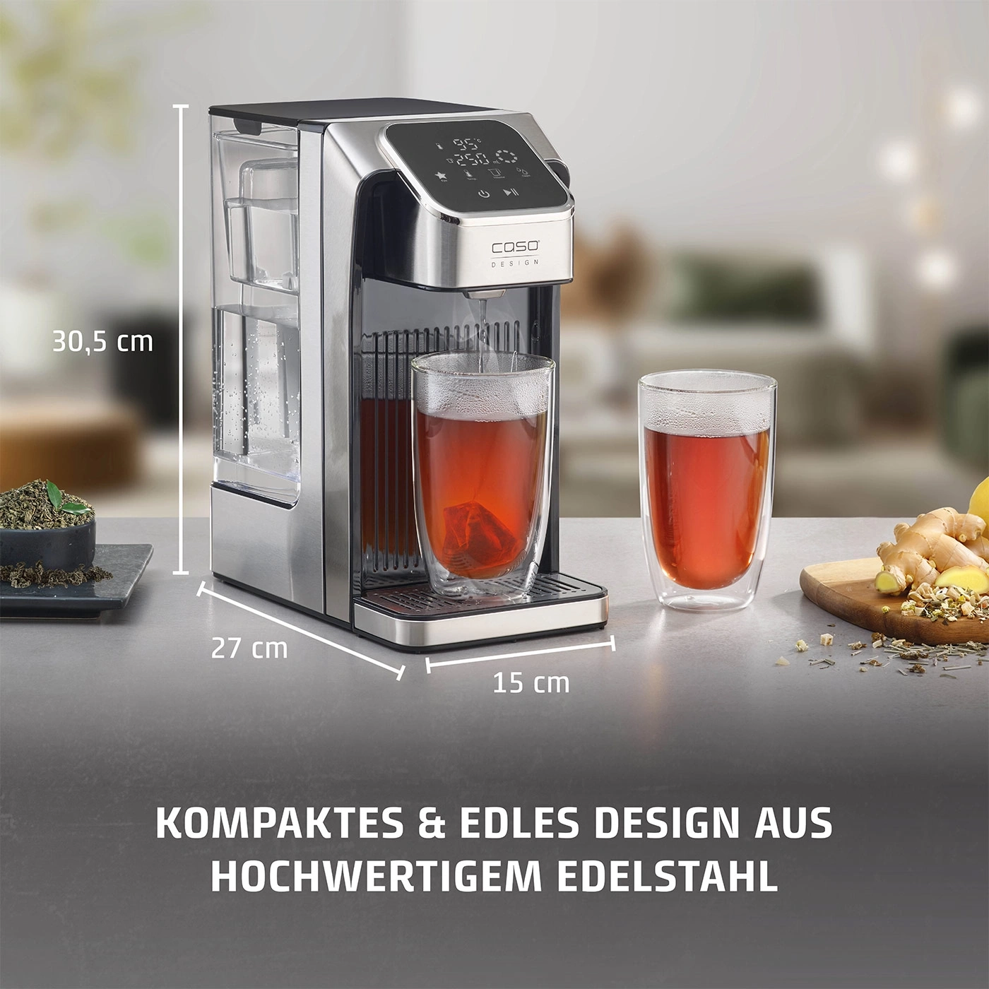 Teemaschine aus Edelstahl, 30,5 cm hoch, 27 cm breit, 15 cm tief, mit zwei Gläsern