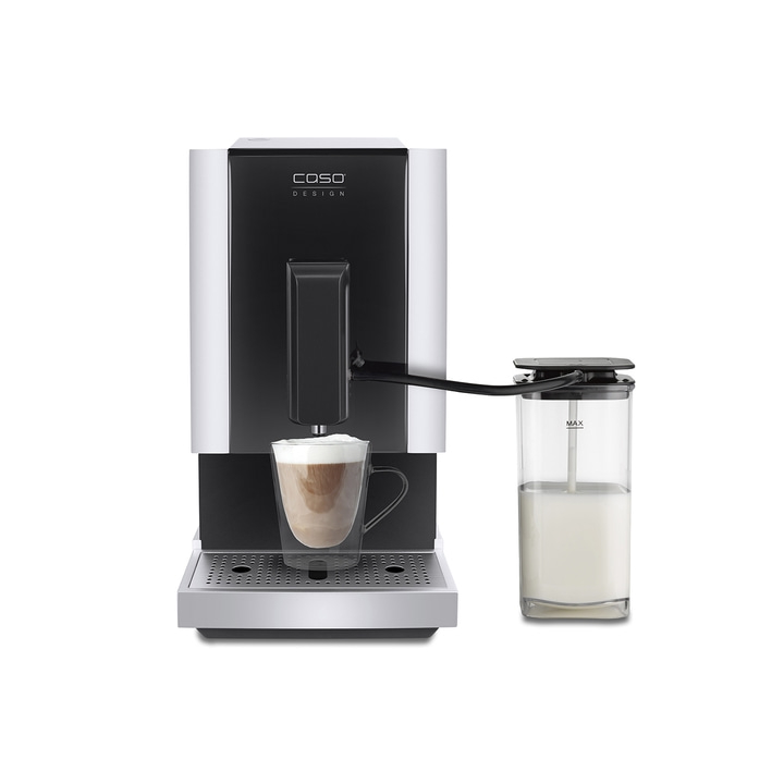 Coffee machine with milk frother, glass, coffee, milk, design, Caso