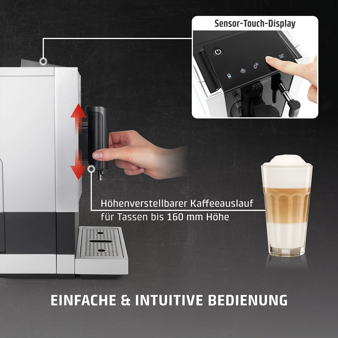 Kaffeemaschine mit Sensor-Touch-Display, höhenverstellbarem Auslauf und einfacher Bedienung.