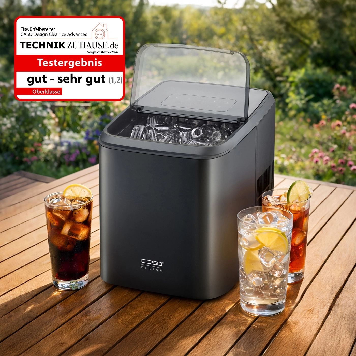 Ice maker on wooden table with drinks and test result sticker.