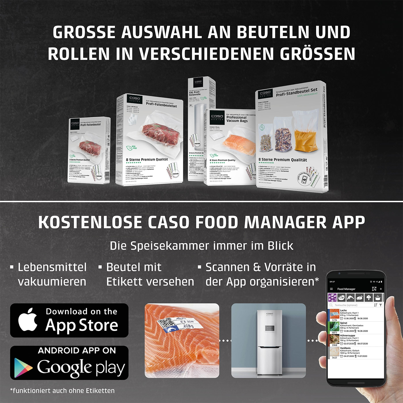 Caso Food Manager App: Vacuum bags, rolls, food, app, scan, label, Google Play, App Store