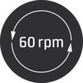 Circular symbol with arrows and the text 60 rpm, indicating the revolutions per minute.