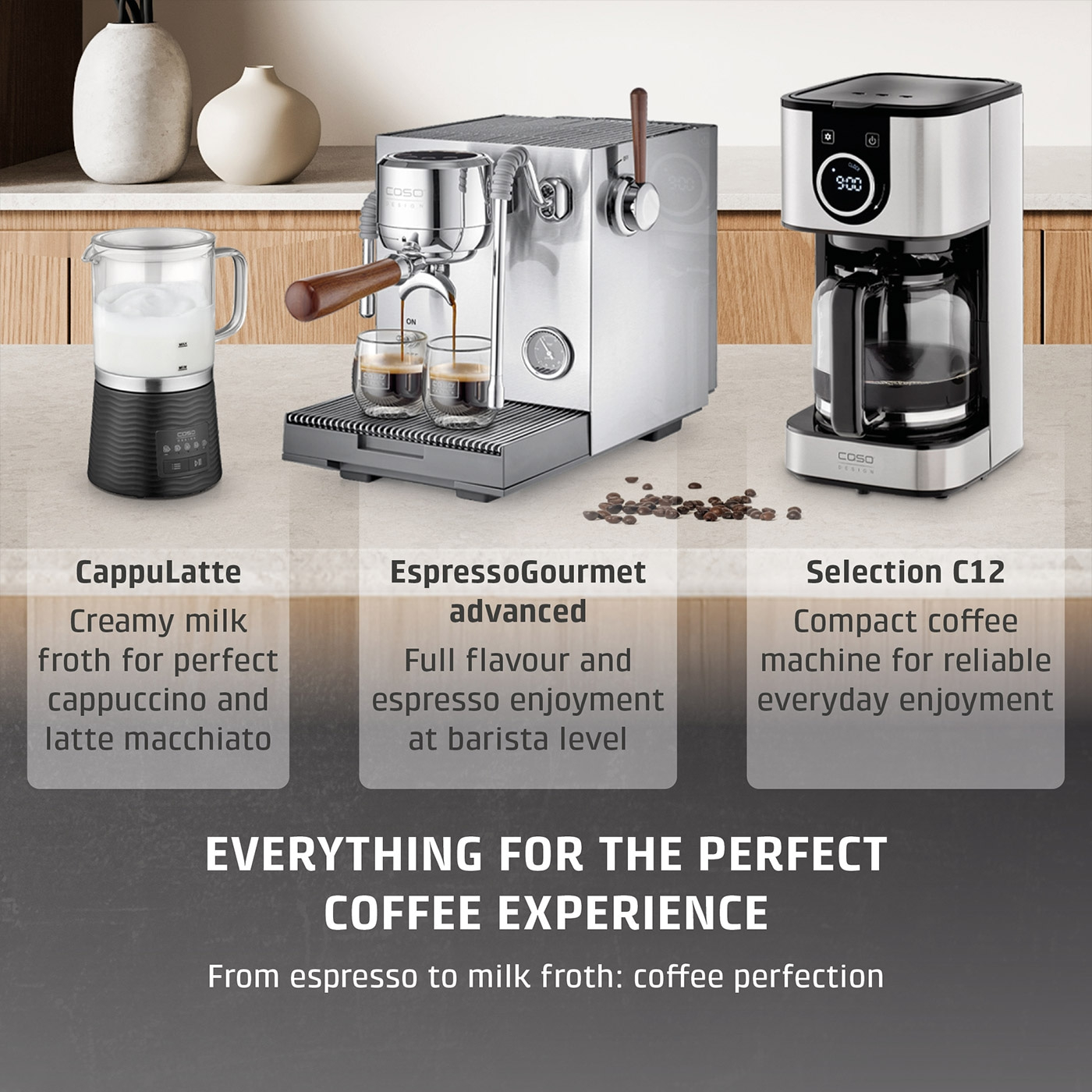 CASO coffee machines and milk frothers in promotional image
