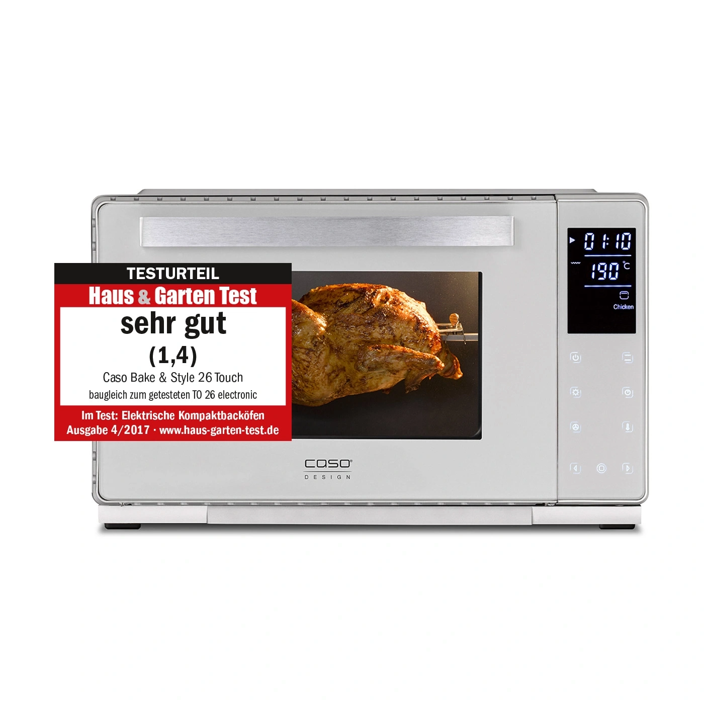 Caso Bake & Style 26 Touch oven with test result very good (1.4) and chicken