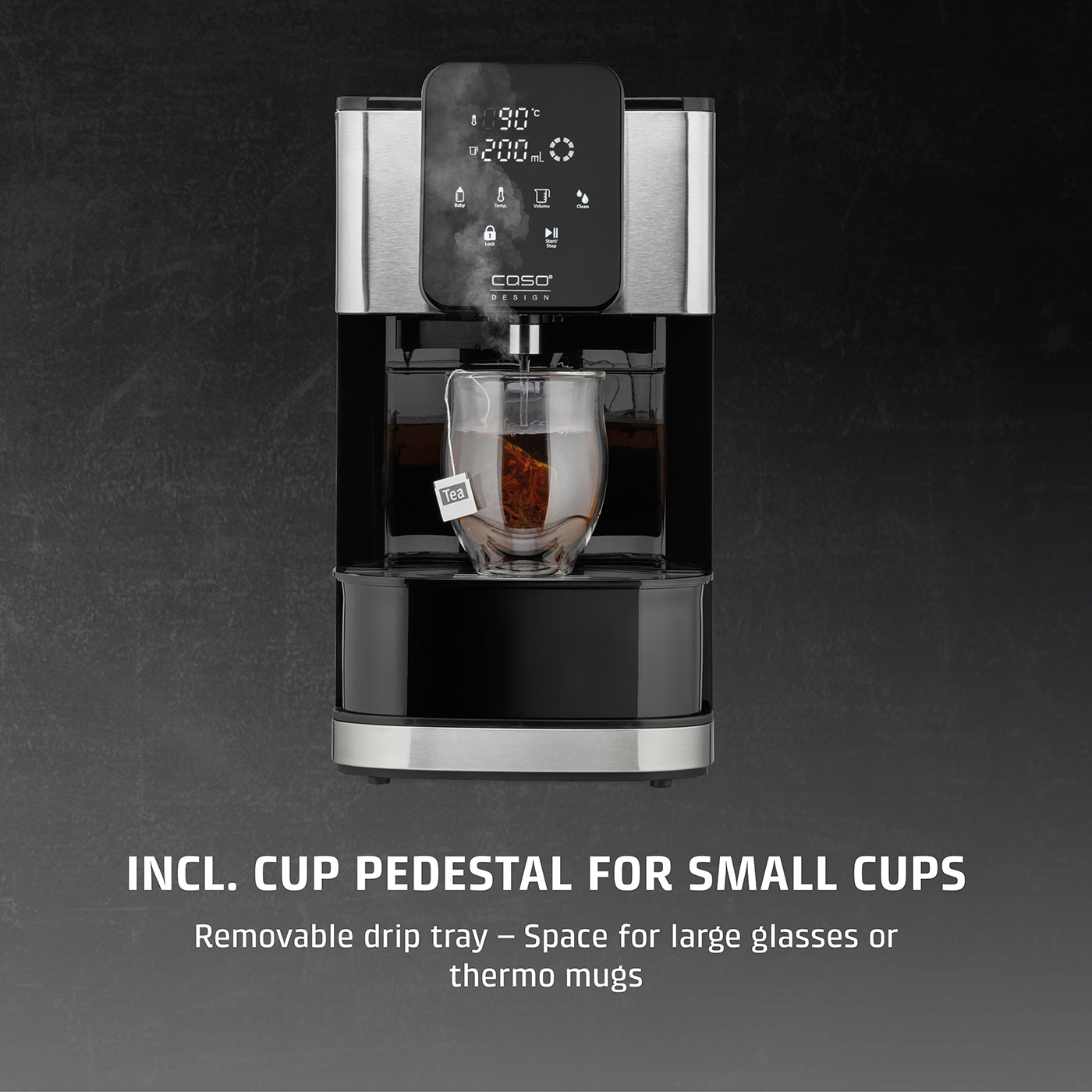 Tea machine with cup stand, temperature display, and removable drip tray for glasses.