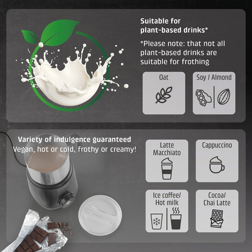 Milk frother with options for drinks like latte macchiato and cappuccino.