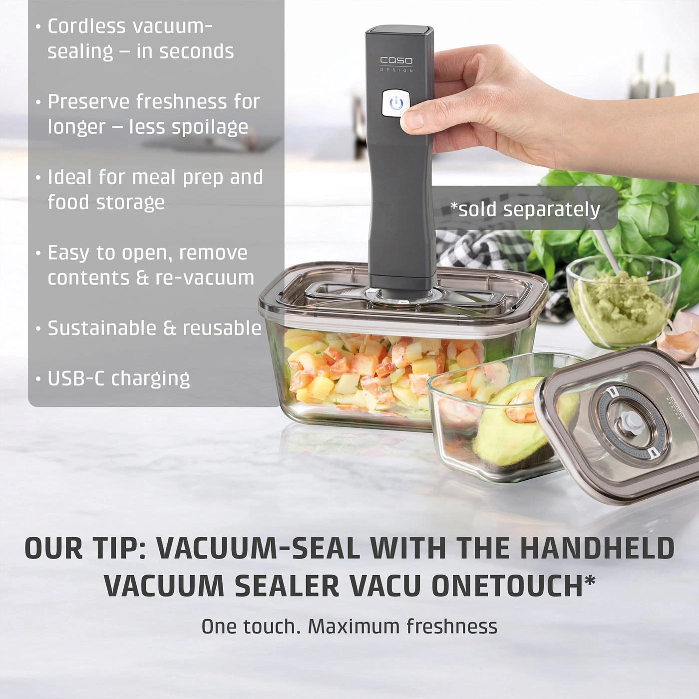 A handheld vacuum sealer with accessories for storing food in glass containers.