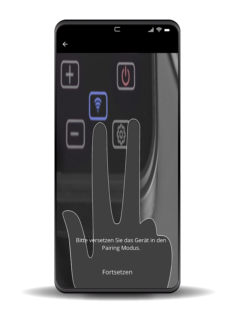 Smartphone-Bildschirm mit Handgeste, Text und Schaltflächen.