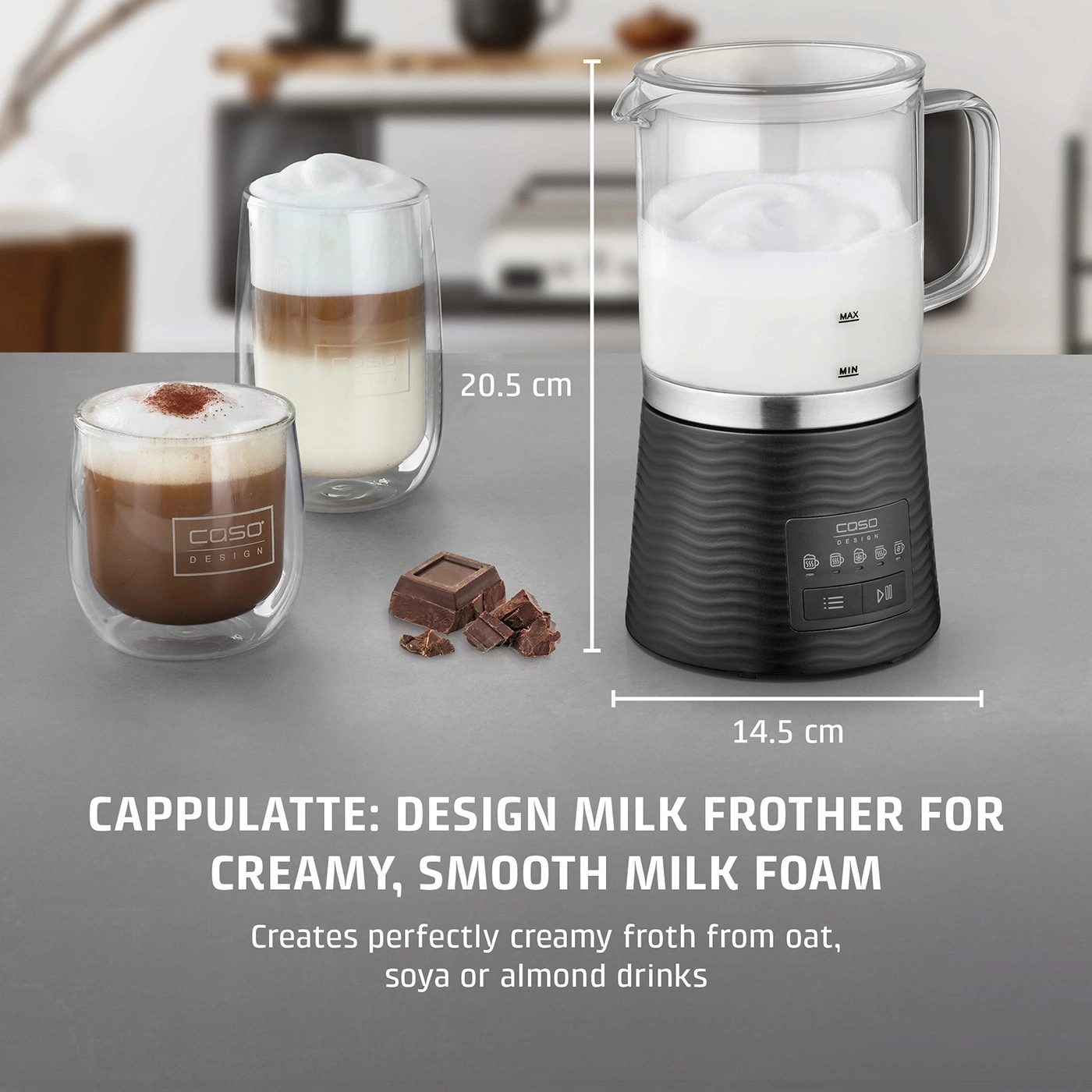 Milk frother with two glasses and chocolate