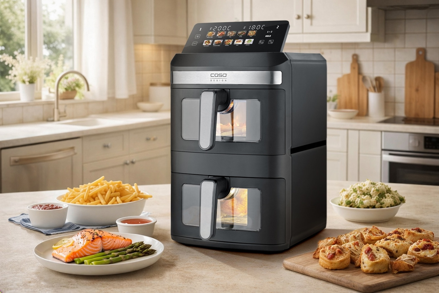 A double-basket air fryer with food on the countertop in a kitchen.