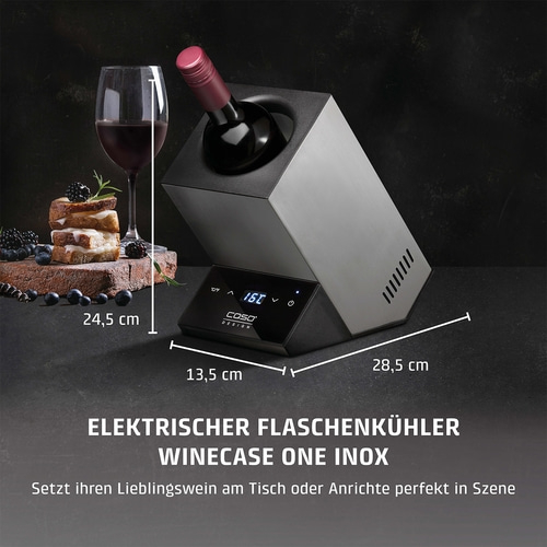 Wine cooler with wine, glass, food, dimensions, text, black, gray, table