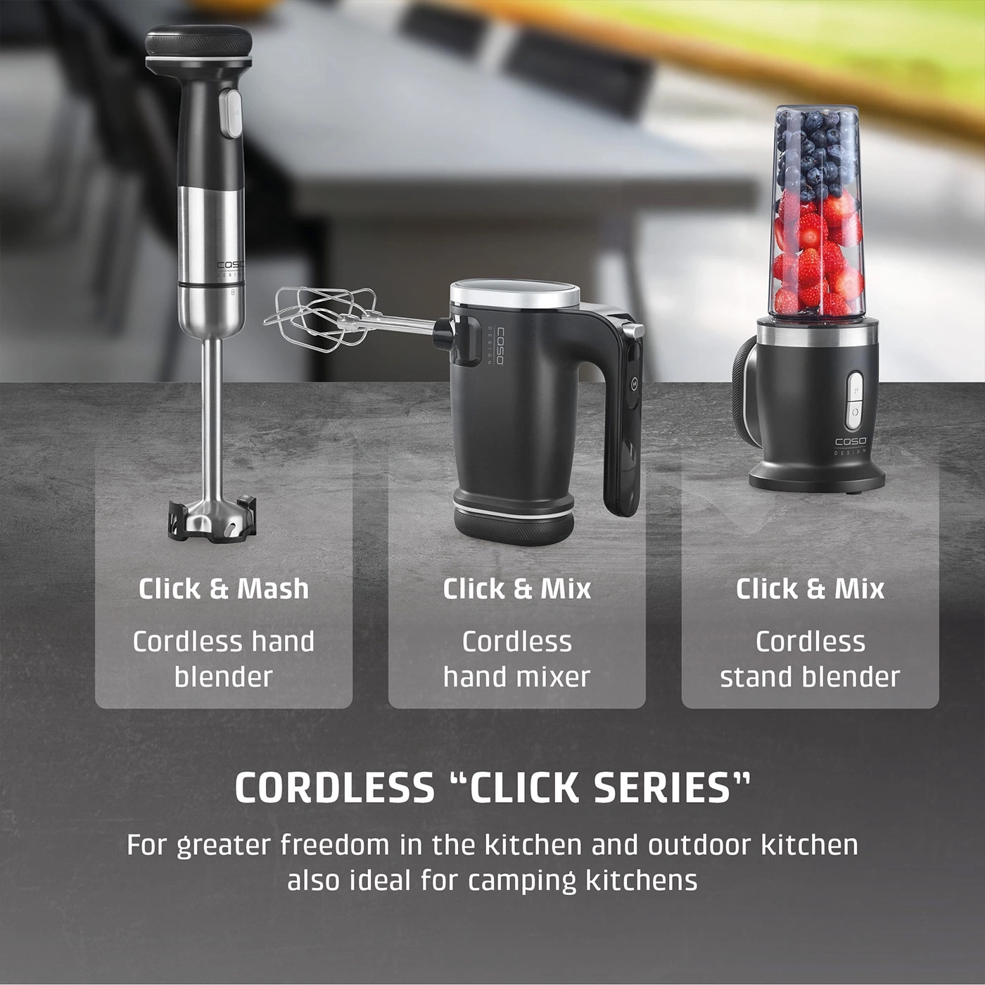 Cordless kitchen appliances: immersion blender, hand mixer, and stand mixer for more freedom.