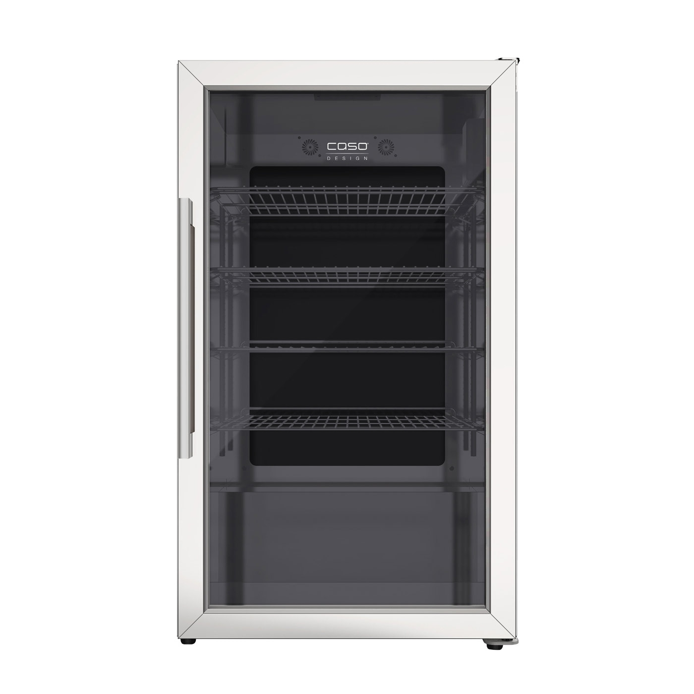 Kühlschrank mit Glasfront, Metallrahmen, Regalen und Caso Design Logo.