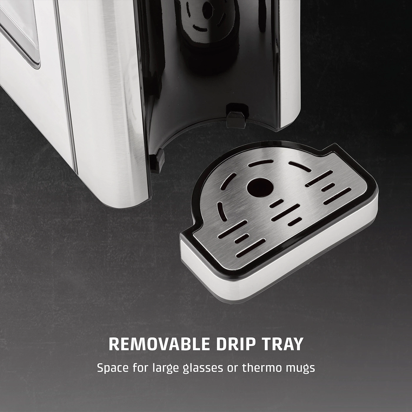 Removable drip tray, space for glasses and thermoses, stainless steel