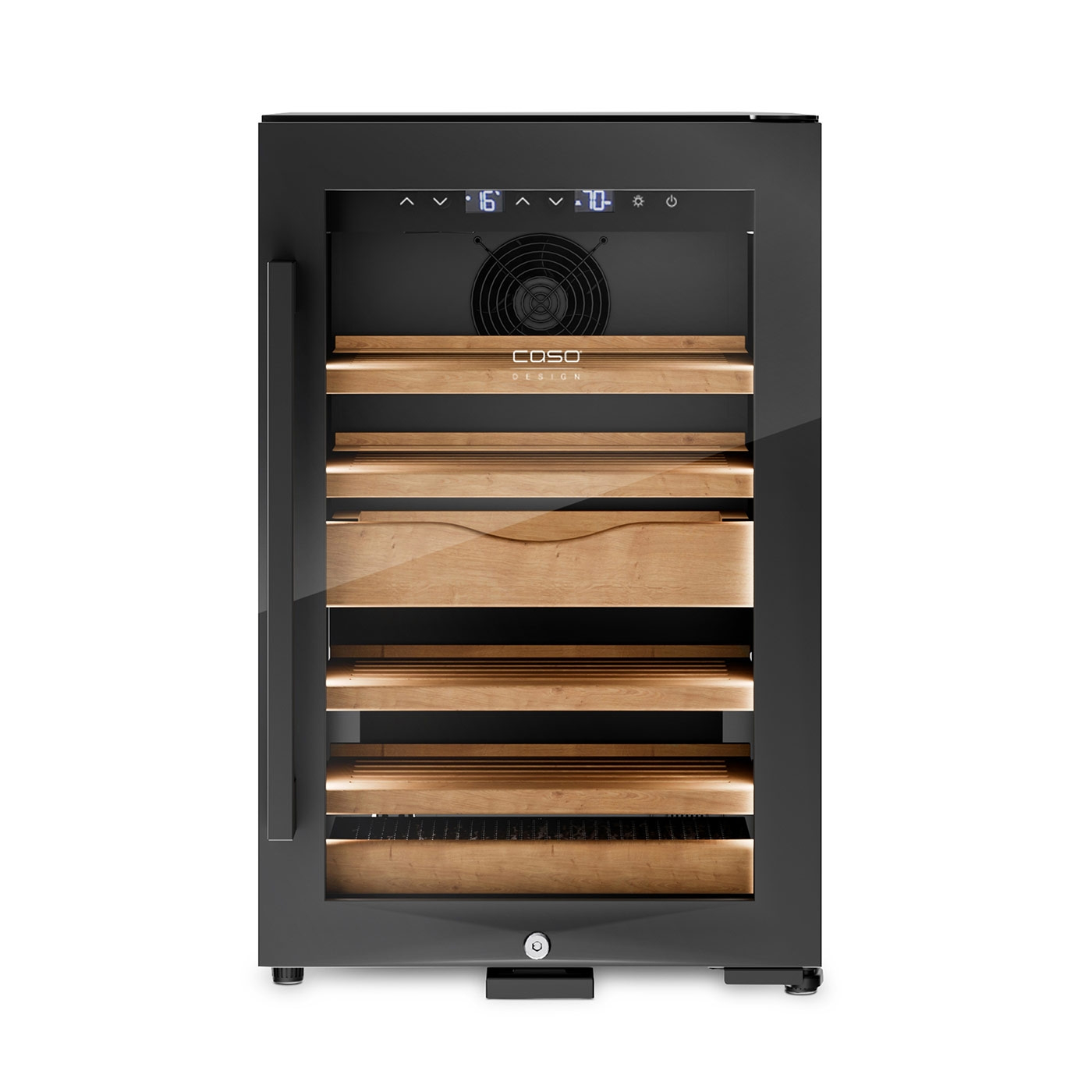 Black wine cooler with wooden shelves and digital display, COSO Design.
