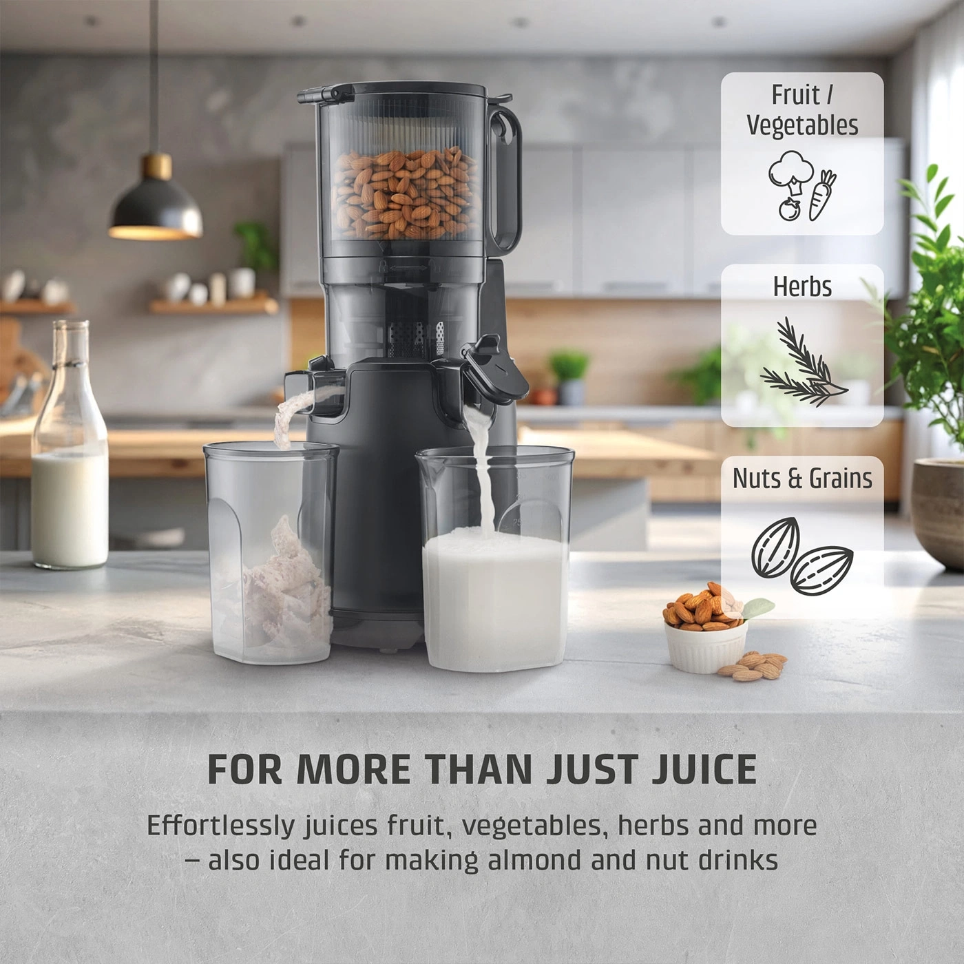 A juicer makes almond milk from nuts and grains.
