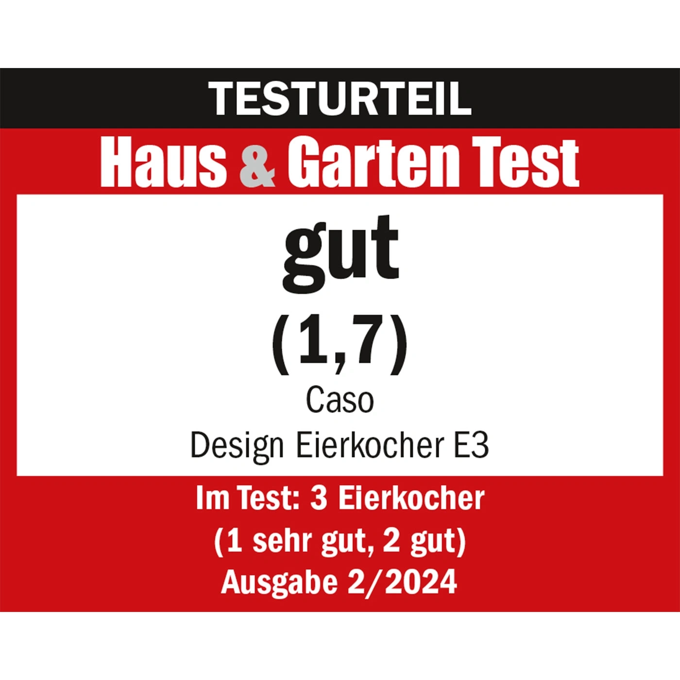 Testurteil Haus & Garten Test: gut (1,7) für Caso Design Eierkocher E3, Ausgabe 2/2024
