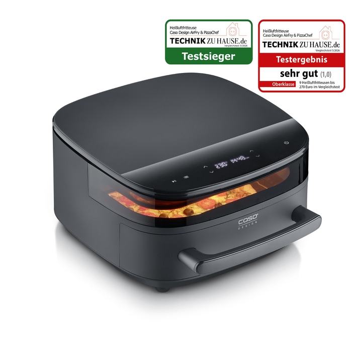 Ein Caso Design AirFry & PizzaChef Heißluftfritteuse mit Pizza im Inneren.