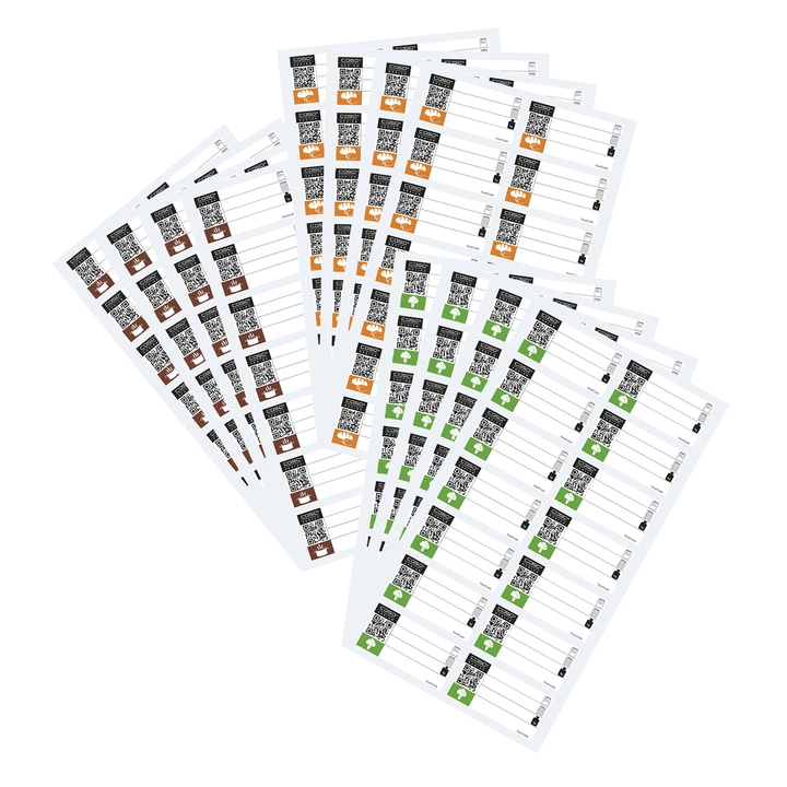 Sheets of stickers with QR codes and symbols arranged on a white background.