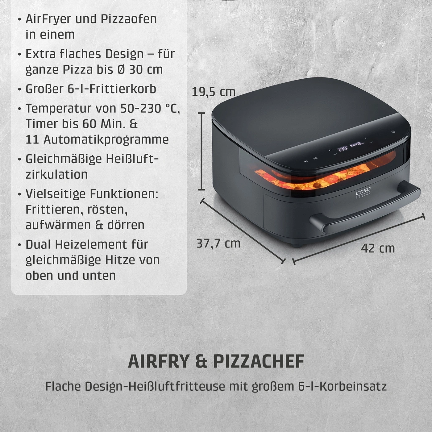 Dunkle Heißluftfritteuse mit flachem Design und Pizza bis 30cm Durchmesser.