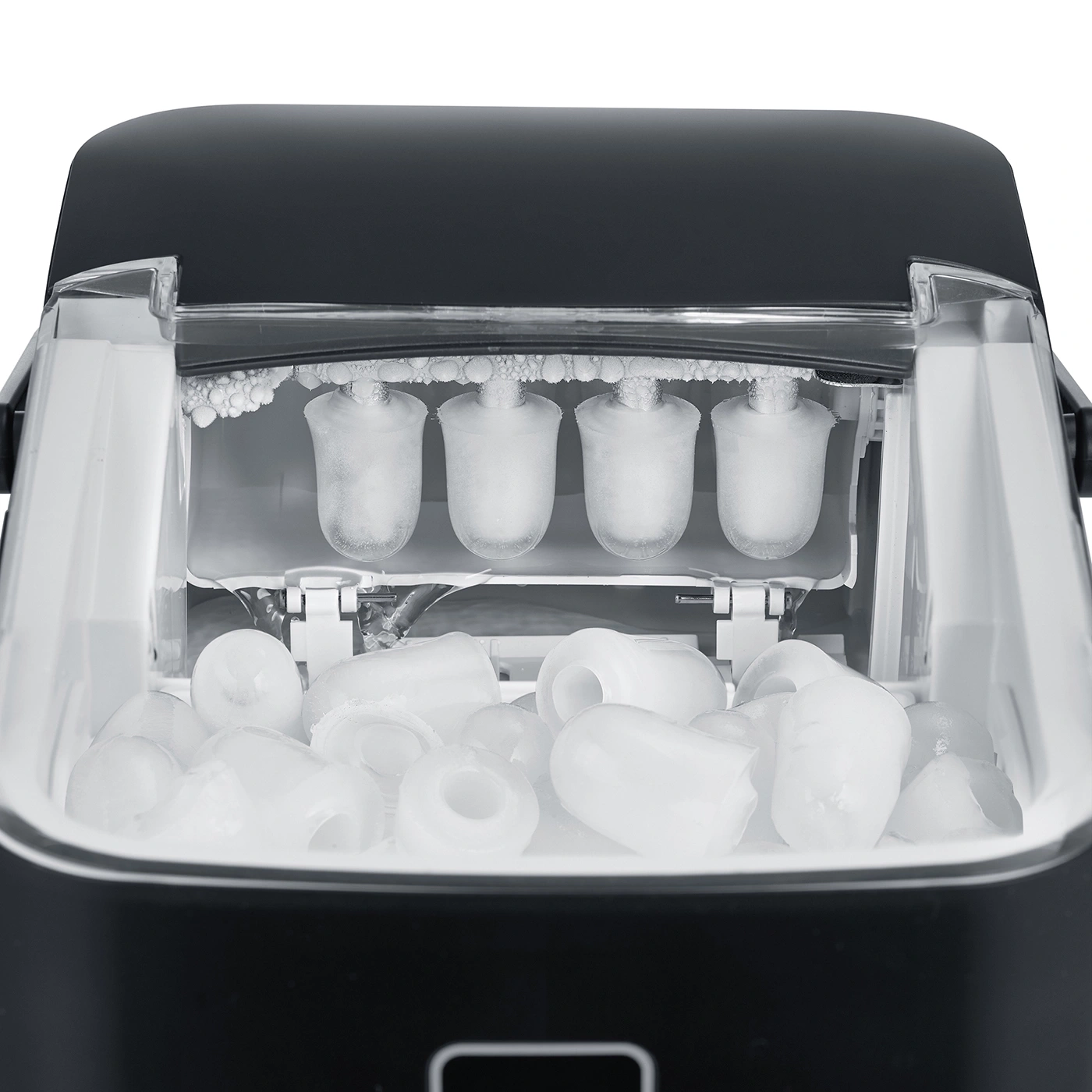 Ice maker with ice cubes and ice inside, close-up shot of the machine