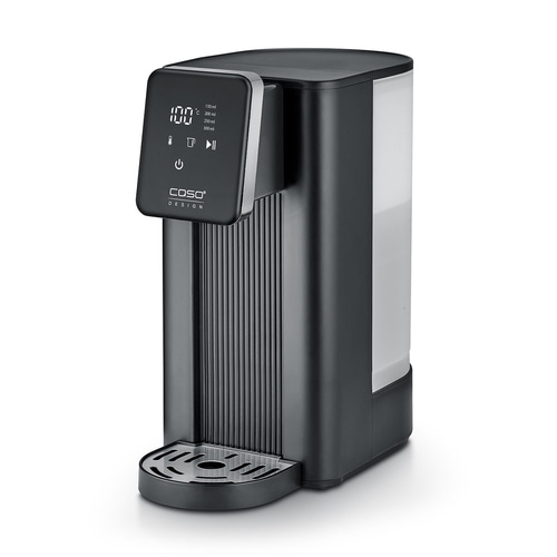 Schwarzer Wasserkocher mit digitaler Anzeige und Dosierfunktion für Heißgetränke.