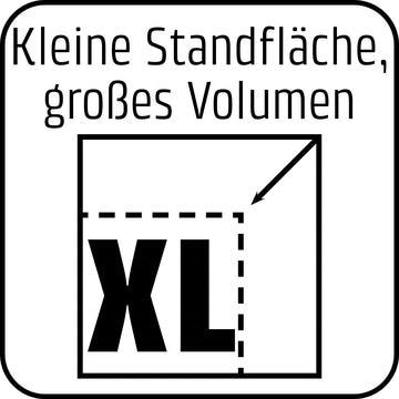 Kleiner Standfläche, großes Volumen, XL-Symbol, schwarze Schrift, weißer Hintergrund.