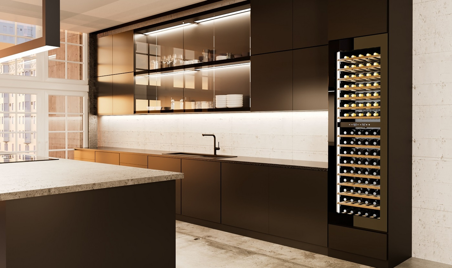 Modern kitchen with wine cooler, cabinets, and island. Elegant design and style.