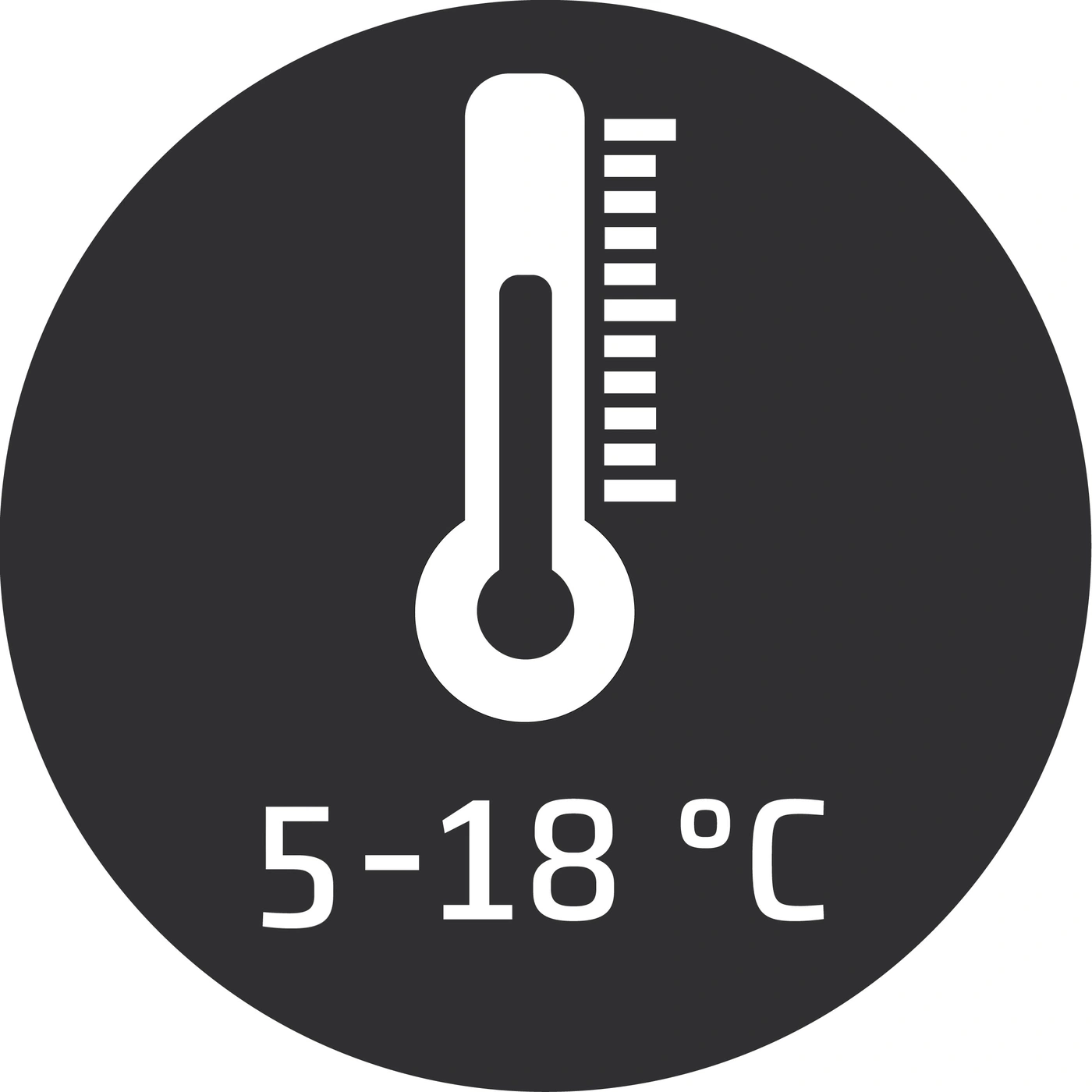 Temperature indicator with degrees from 5 to 18 degrees Celsius in a black circle.