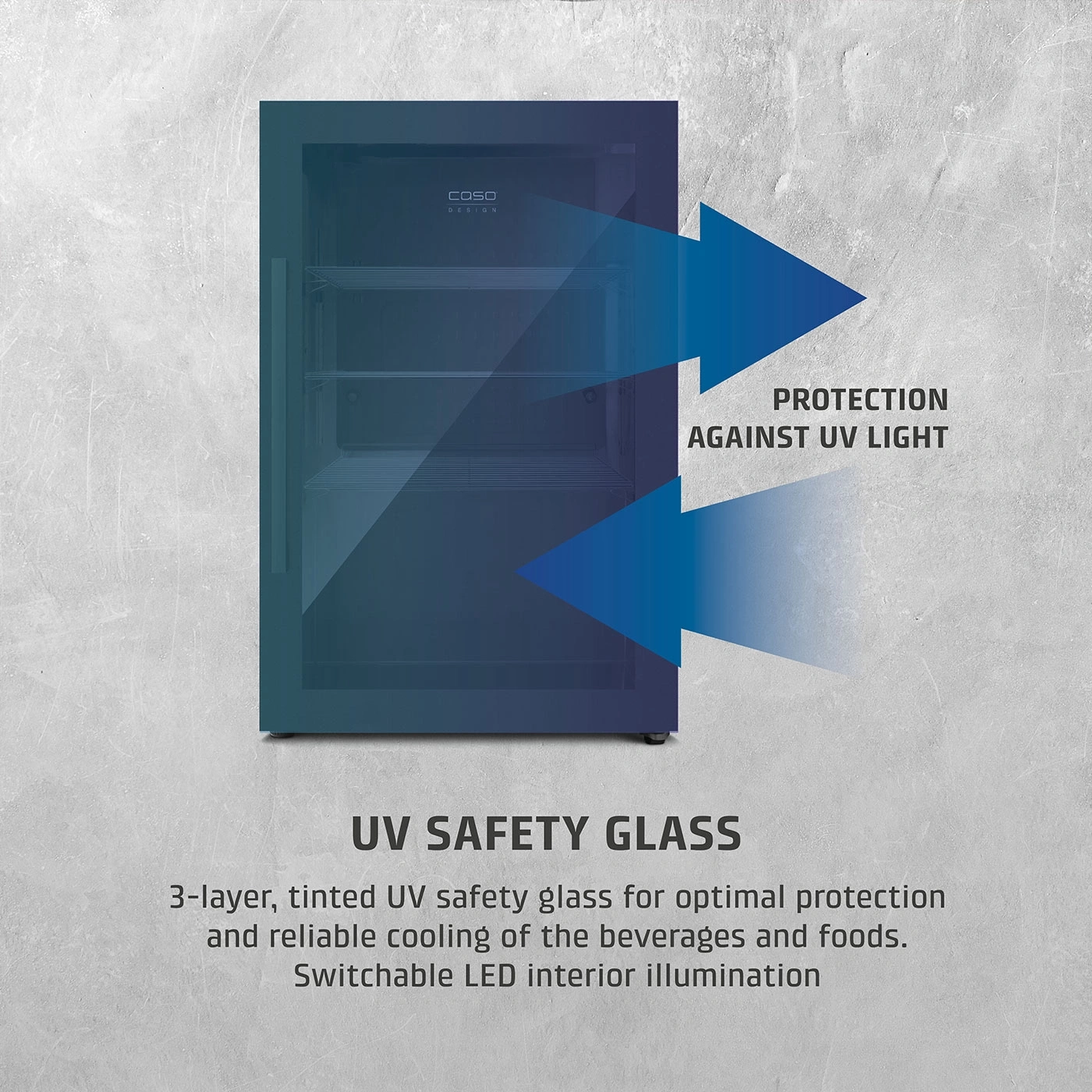Refrigerator with UV safety glass, blocks UV light, LED interior lighting, Caso Design.